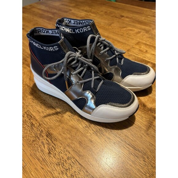 MICHAEL KORS Hilda Knit Sock Leather Wedge Sneaker Trainer Navy Silver Red 6.5 - Picture 4 of 10
